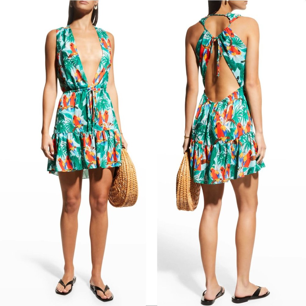 MILLY Cabana Frankie Parrot V Neck Mini Swim Cover Up DRESS Size L NEW $395